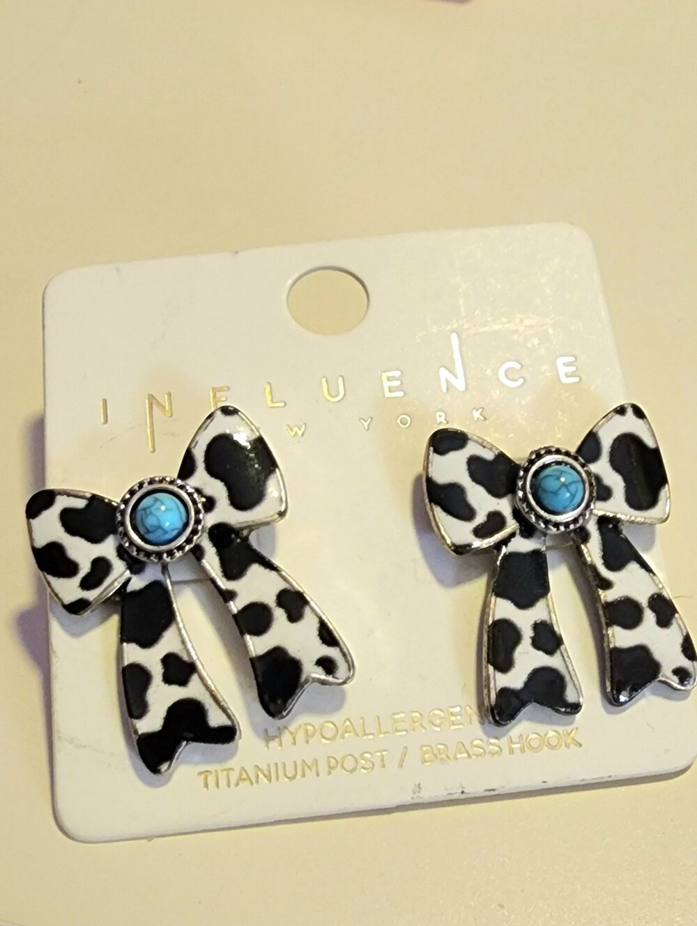 Influence New York Western Cow Print Bow Earrings, NWT
